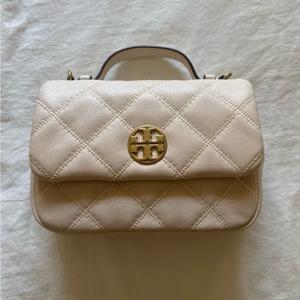 Elegant Cream Quilted Tory Burch Handbag